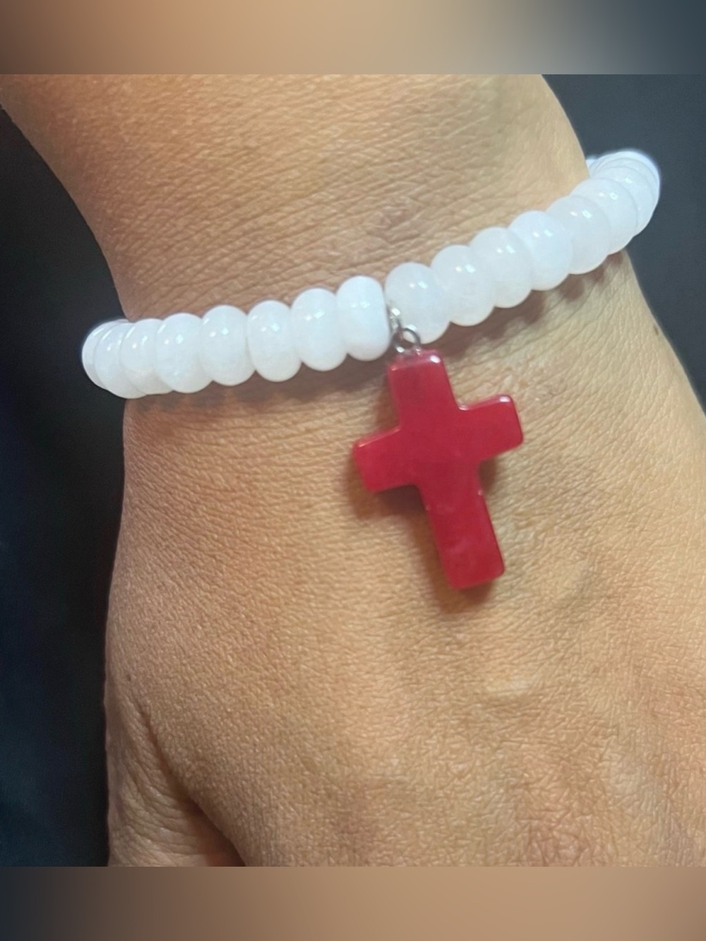 Natural White Jade, Red Stone Cross Beaded Bracelet - Picture 2 of 3
